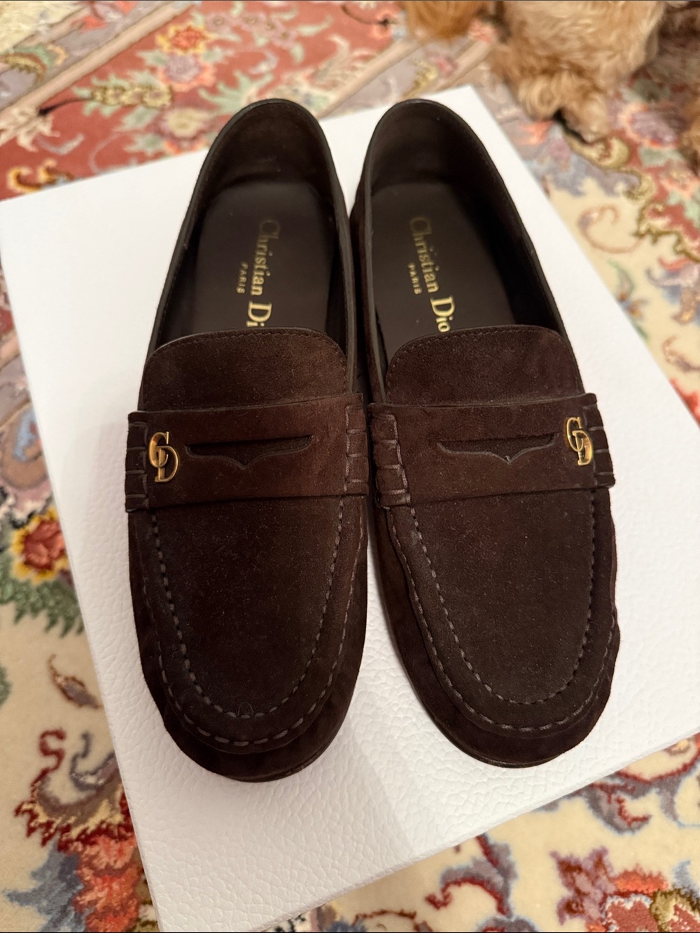 Dior Women’s Dark Brown Suede Loafers with Gold Accent